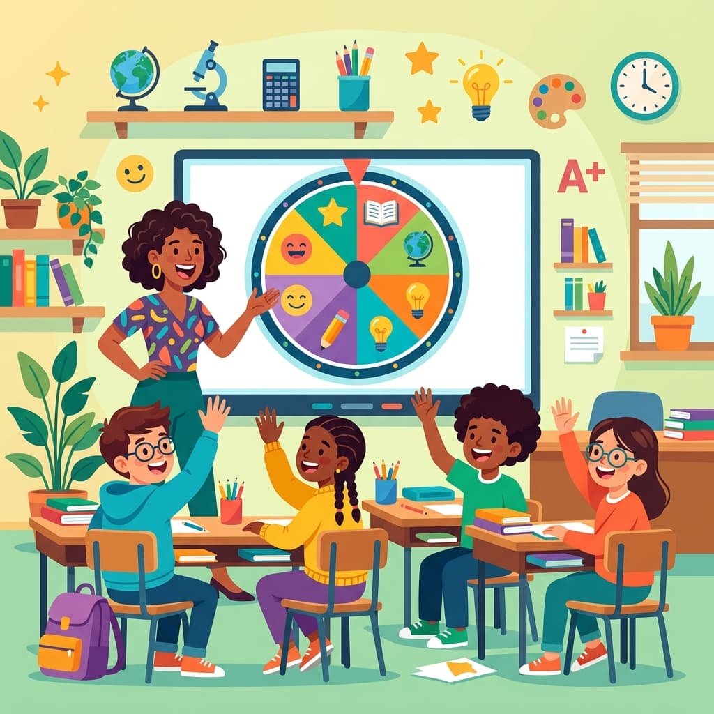 Teacher using a spin wheel in a classroom with engaged students