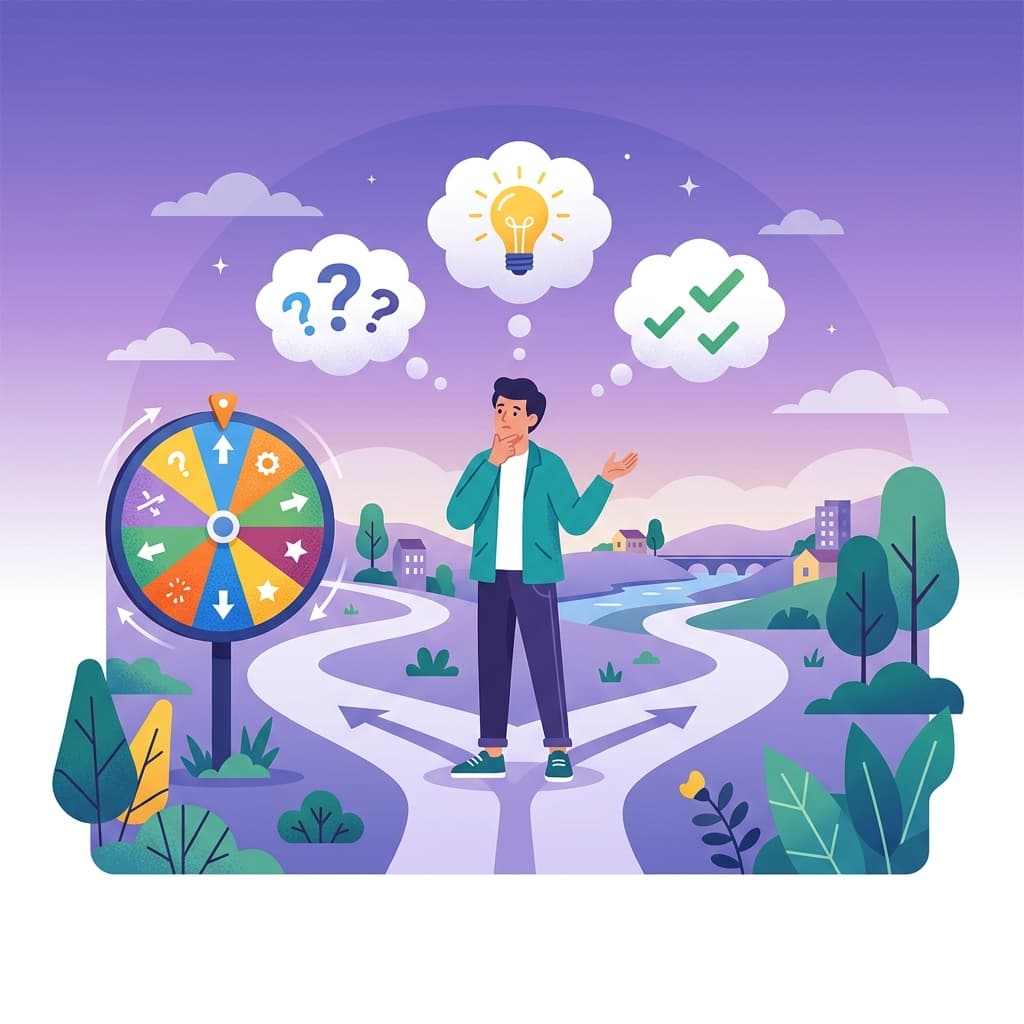 Person at a crossroads making a decision with a spin wheel
